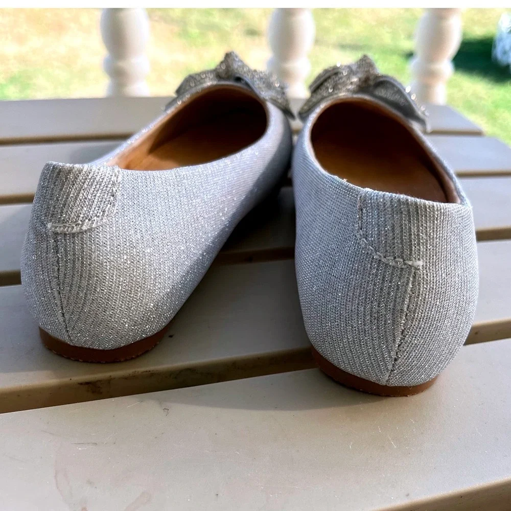 Lauren‎ Lorraine Silver Glitter Rhinestone Bow Ballet Flats Kids Size 10.5 NWB